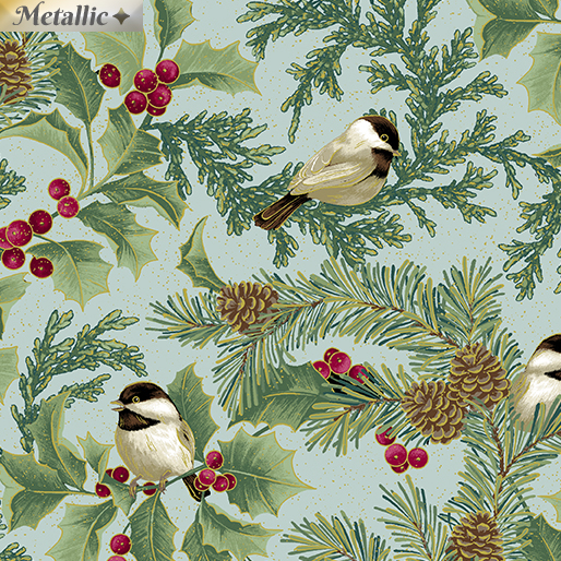 Chickadees and Holly Allover SeaMist