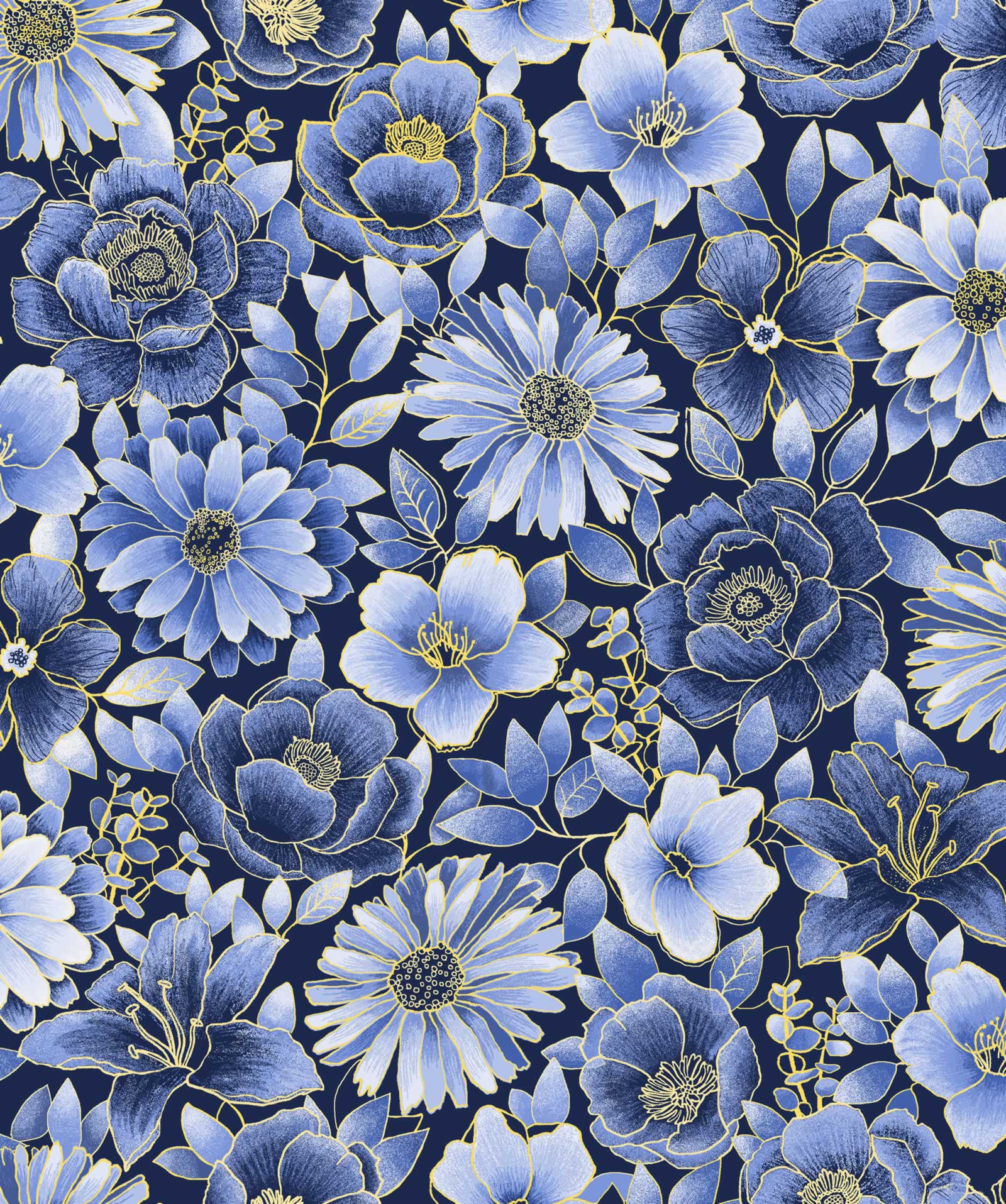 Midnight Gardens Floral -  Blue and Yellow